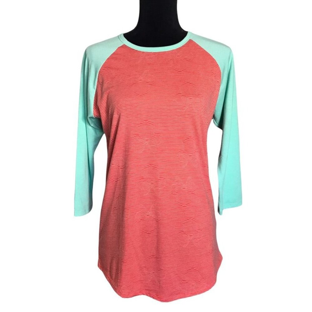 LuLaRoe Coral Stripe Raglan with Mint Sleeves